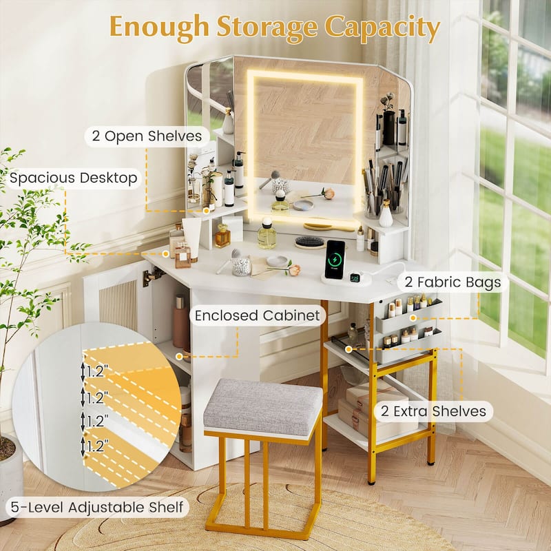 Costway Corner Vanity Desk with Mirror Lights Triple Mirror 3 Lighting - See Details