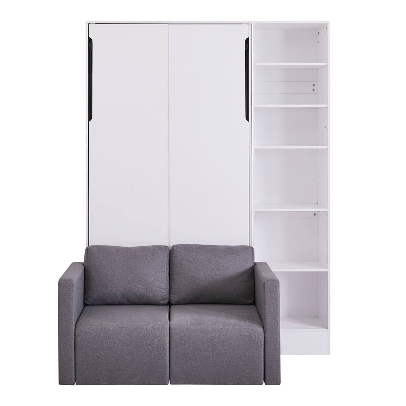 Twin Size Murphy Bed with Sofa and Shelves, White