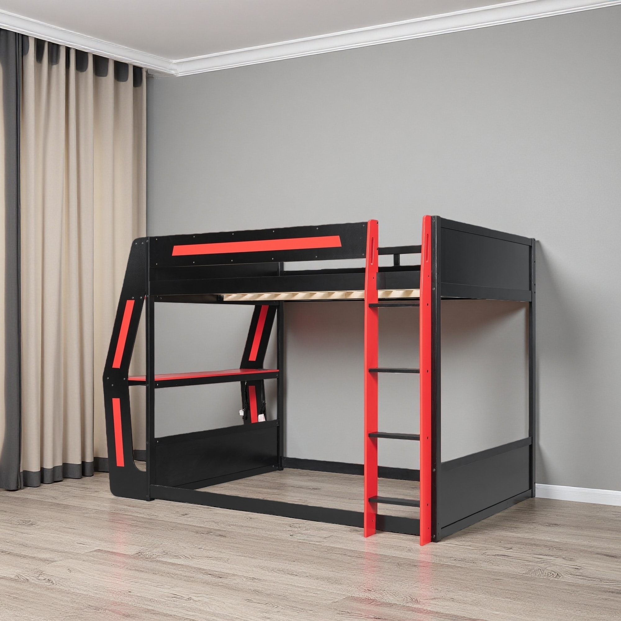 Full-Size Wood & MDF Gaming Bunk Bed with Side-Mounted Oversized RGB Desk, USB Ports & LED Light Strip - Esports Loft Frame
