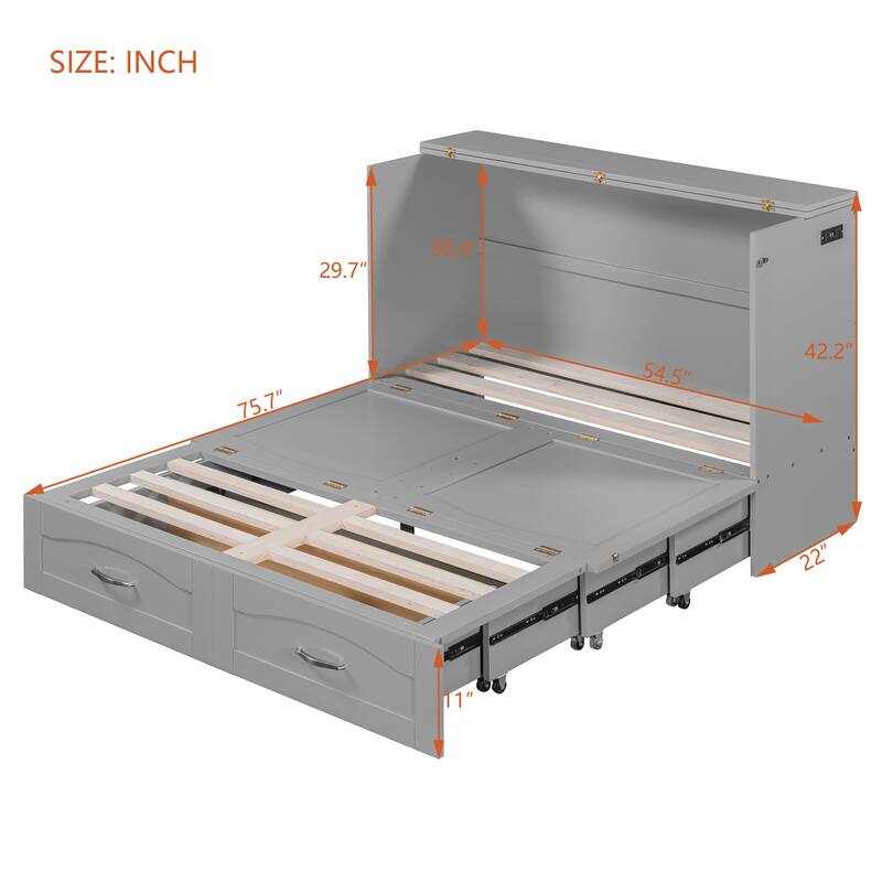 Space-Saving Full Size Murphy Bed with Drawers, USB Ports, and Pulley Design in Gray