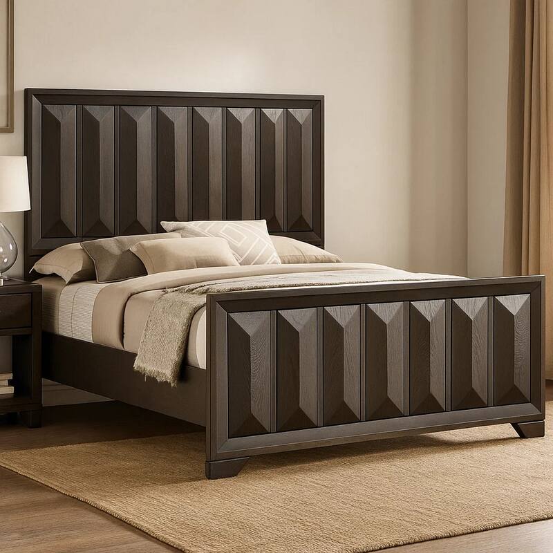 Fema Queen Bed, Vertical Facet Headboard and Footboard, Espresso Brown
