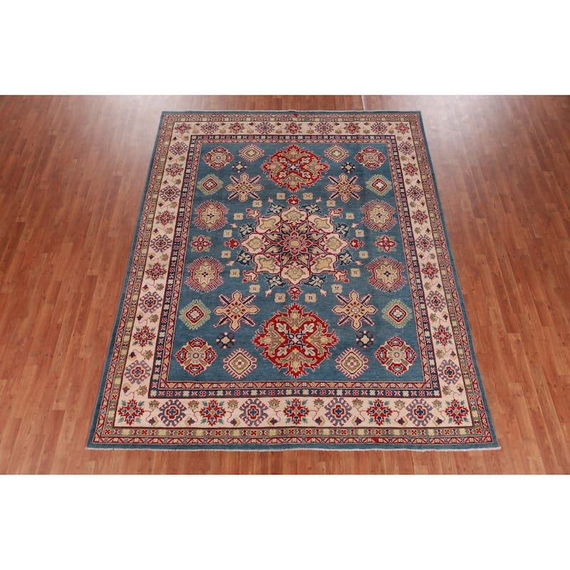 Hand Knotted Oriental 100% Wool Carpet Traditional Medallion Navy Blue & Blues Kazak Area Rug - 9' 11'' X 7' 10''