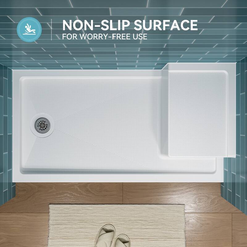 HOROW 60 x 32 Inch Alcove Shower Pan Base in White with Built In Seat - Left Drain Location