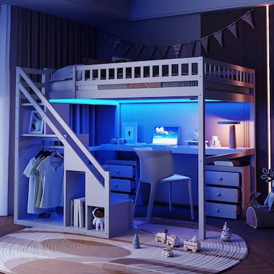Full Size Loft Bed with Two Chest of Drawers, Desk and Light Strip