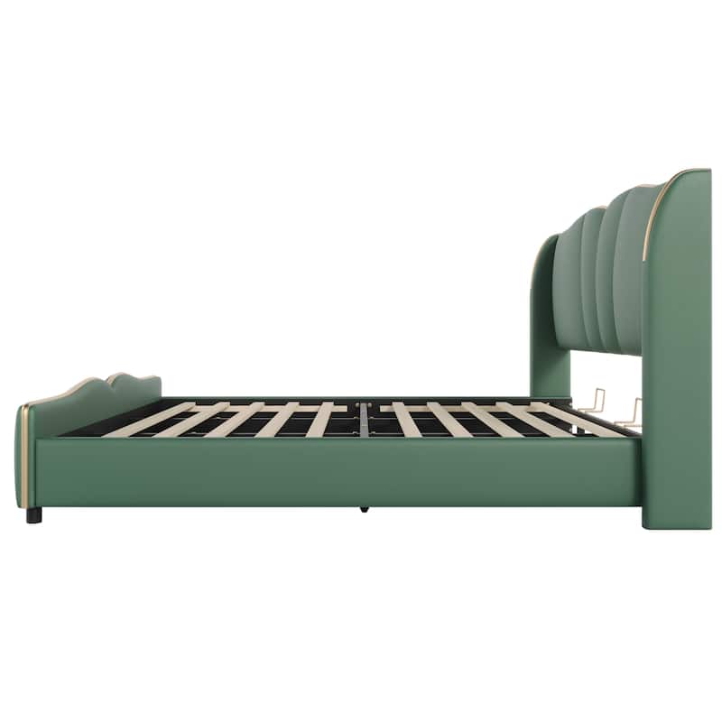 Christopher Knight Home - Emerson Modern Leather Upholstered Bed Frame with Wingback Headboard and Wavy Footboard