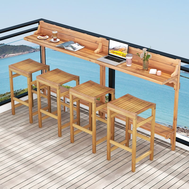 Outdoor 3-Piece Acacia Wood Bar Table Set with Footrest and Curved Seat - 48" L x 15" W x 48" H