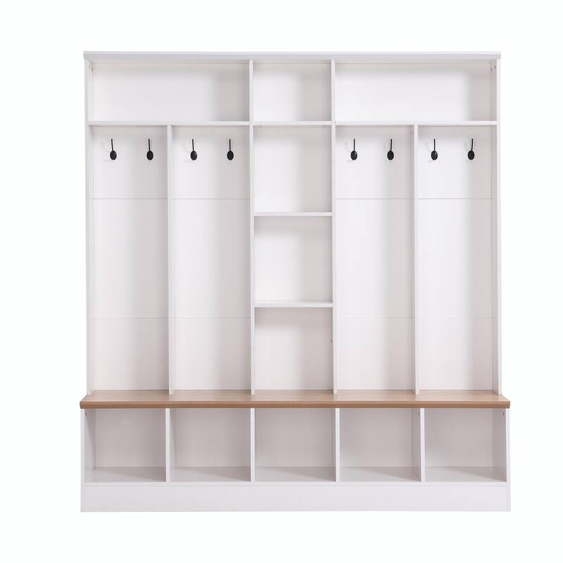 Wide Hall Tree with Storage Bench - Minimalist Shoe Cabinet, Cube Storage, 8 Hooks