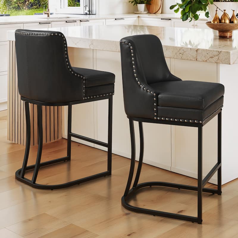 26" Modern Metal Barstools Set of 2 Upholstered Counter Height Bar stools with Back and 6" Thick Cushion for Kitchen Island - Black/Faux Leather