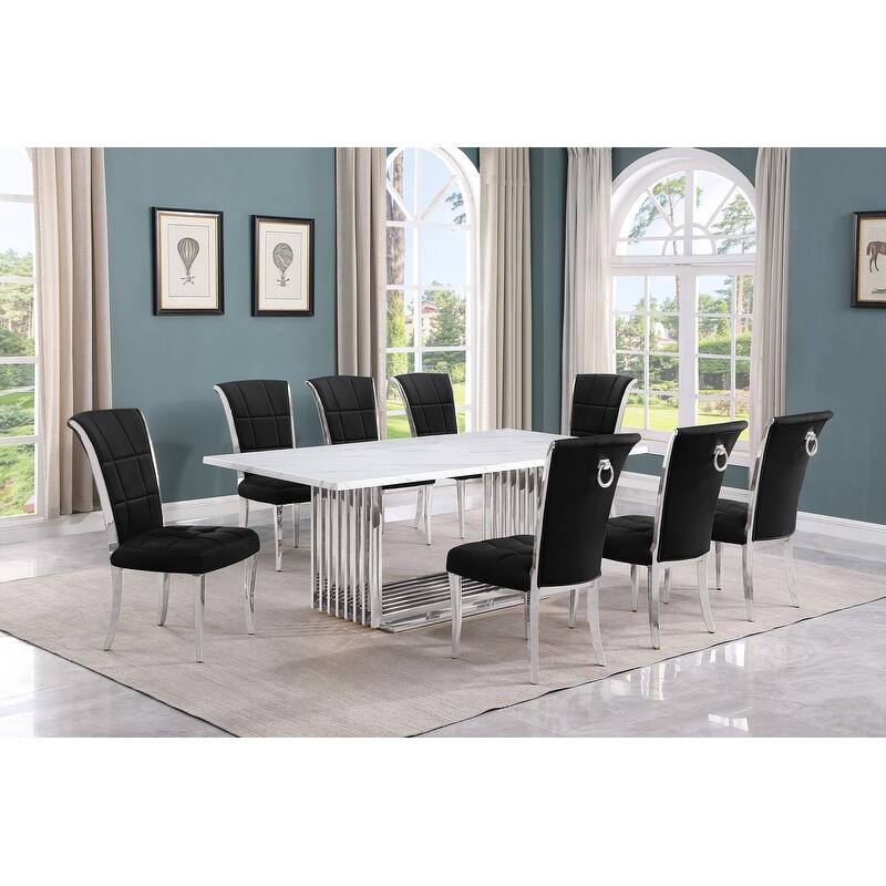 Best Quality Furniture D312/3-SC320-7 Dining Set with 79" White Marble Top - 9-Piece - Black / Silver