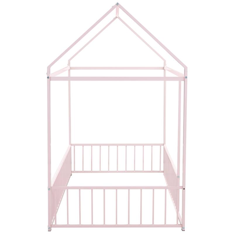Pink Twin Size Metal House Bed Frame with Fence for Kids & Teens - Play & Sleep Design