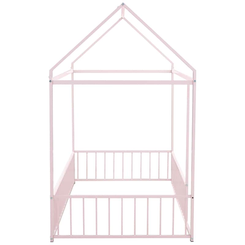 Twin Size Metal Bed House Bed Frame with Fence, for Kids, Teens, Girls, Boys, Pink