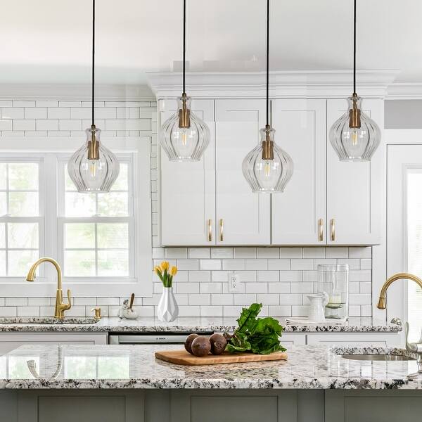 slide 2 of 18, Coria Modern Glam Mini Pendant Light 1-Light Chic Dimmable Kitchen Island Lamp Fluted Glass Dining Room - D 6.7" x H 9.5" D 6.7" x H 9.5" - Fluted Glass Shade
