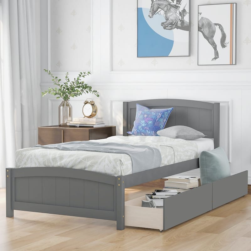 Twin Wood Frame Platform Bed with 2 Drawers - Grey