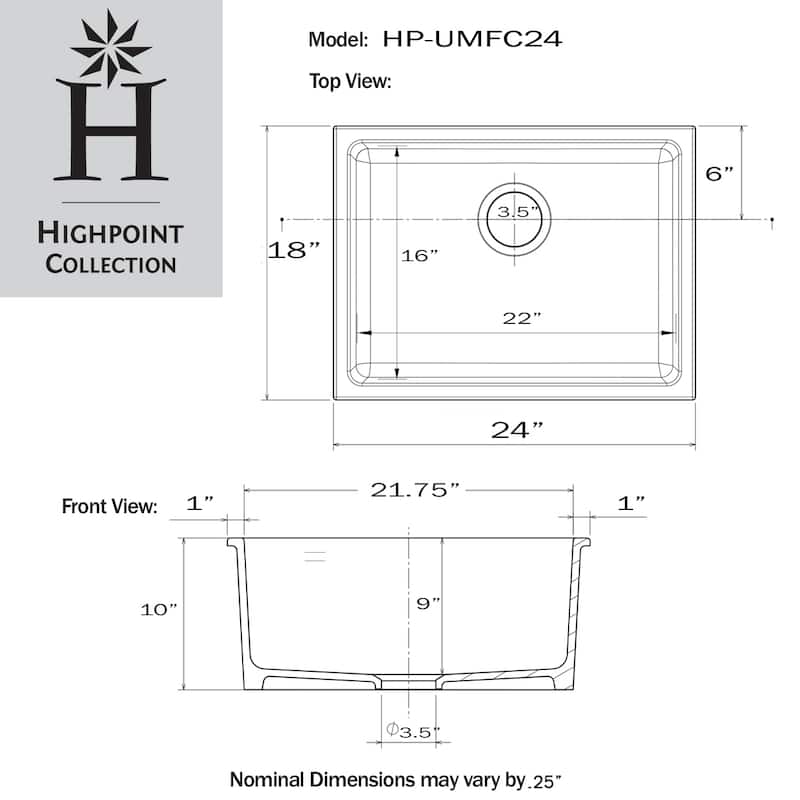 Highpoint Collection 24 Inch Italian Fireclay Kitchen-Laundry Sink - 24 x 18 x10 inches