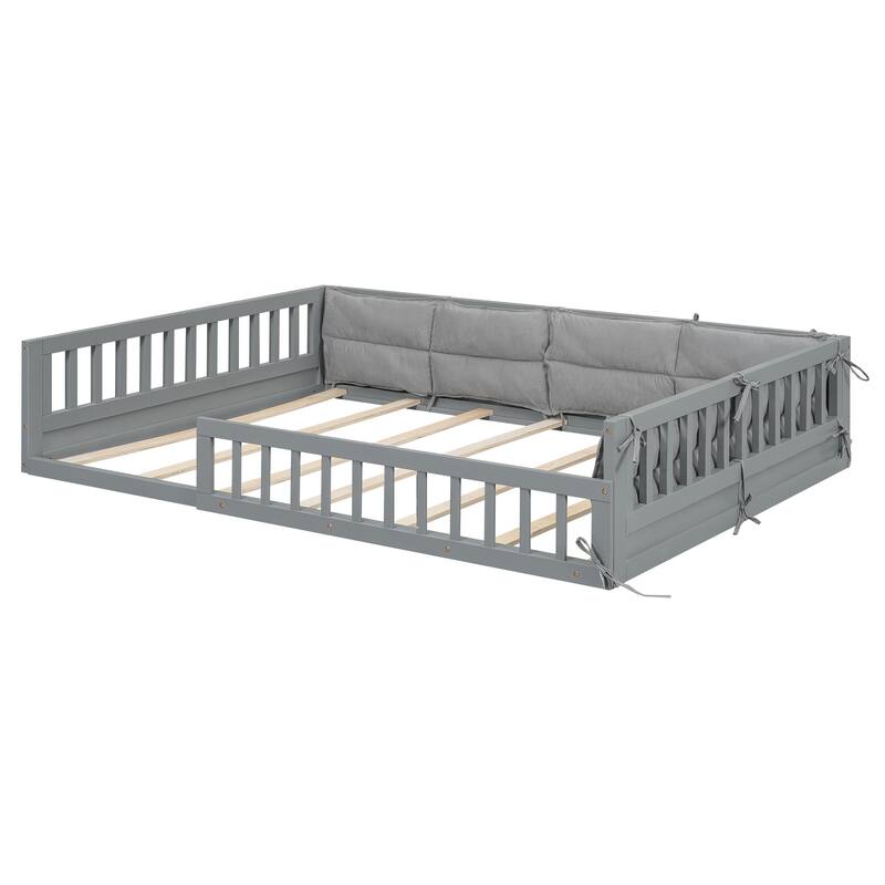Full Size Upholstered Platform Bed Frame with Guardrail and Pillows, No Box Spring Required, Sturdy and Comfortable for Bedroom