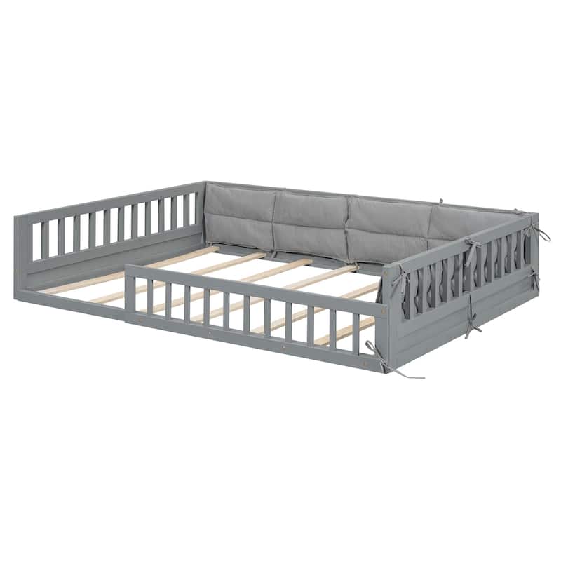 Gray Full Size Upholstered Wood Platform Bed with Guardrail and Pillow for Bedroom