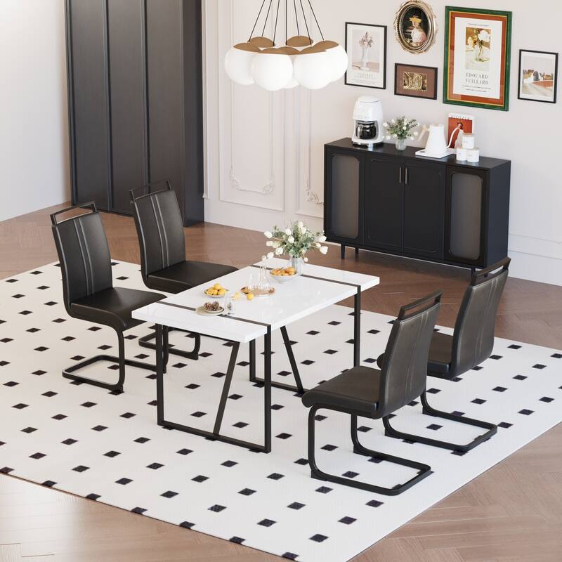 5-Piece Dining Table & Chairs Set with Metal Frame, Black Upholstered Dining Chairs with C-Shaped Legs