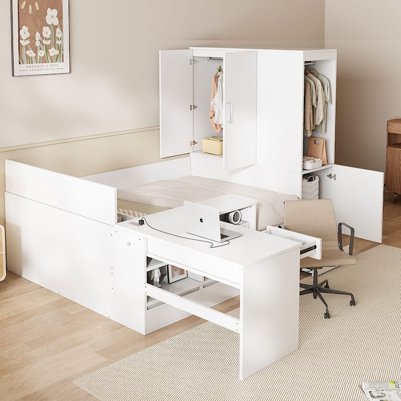 Full Size Corner Bed Frame with 6 Drawers, Wood Platform Storage Bed with Shelves and Wardrobe & Desk, Modern Floor Bed Frame