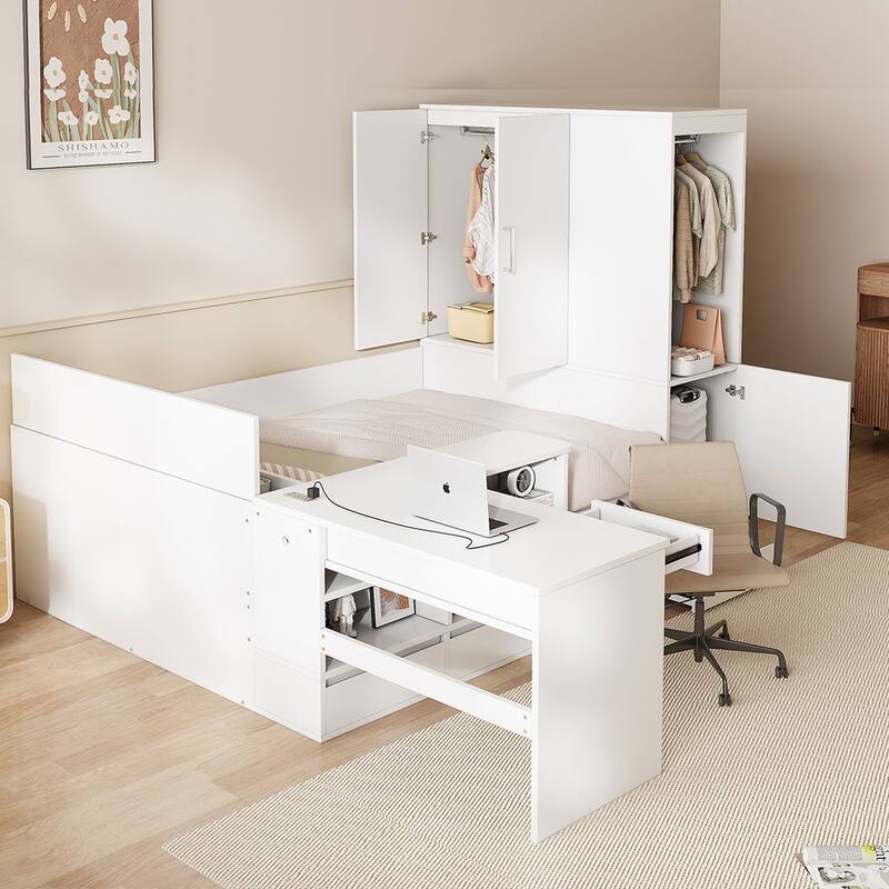 Roomfitters Full Platform Bed System with Integrated Desk, Wardrobe and Storage Bins, All-in-One Bedroom Suite