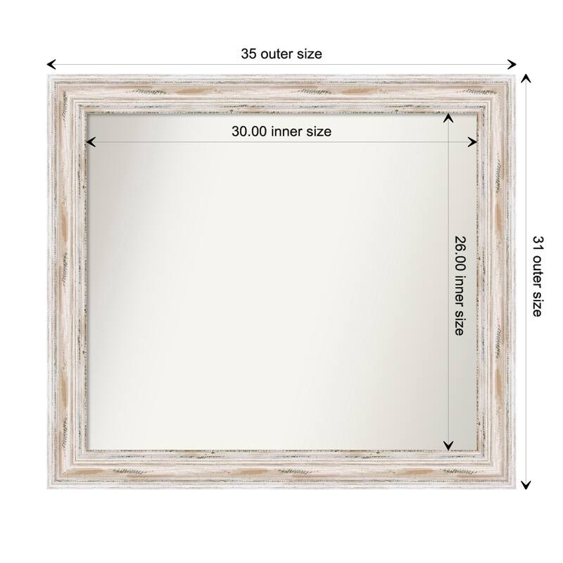Alexandria White Wash Framed Non-Beveled Custom Wall Mirror, Bathroom Vanity Mirror - Outer Size: 35.25 x 31.25