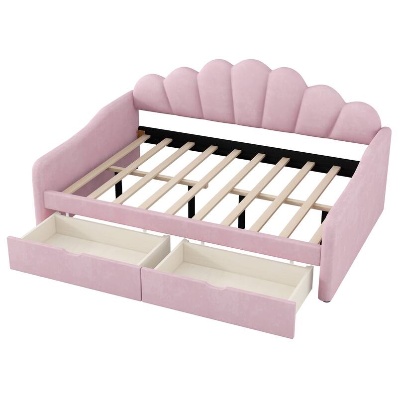 Full Size Shell-Shaped Backrest Upholstered Daybed with Optional Trundle or Drawers