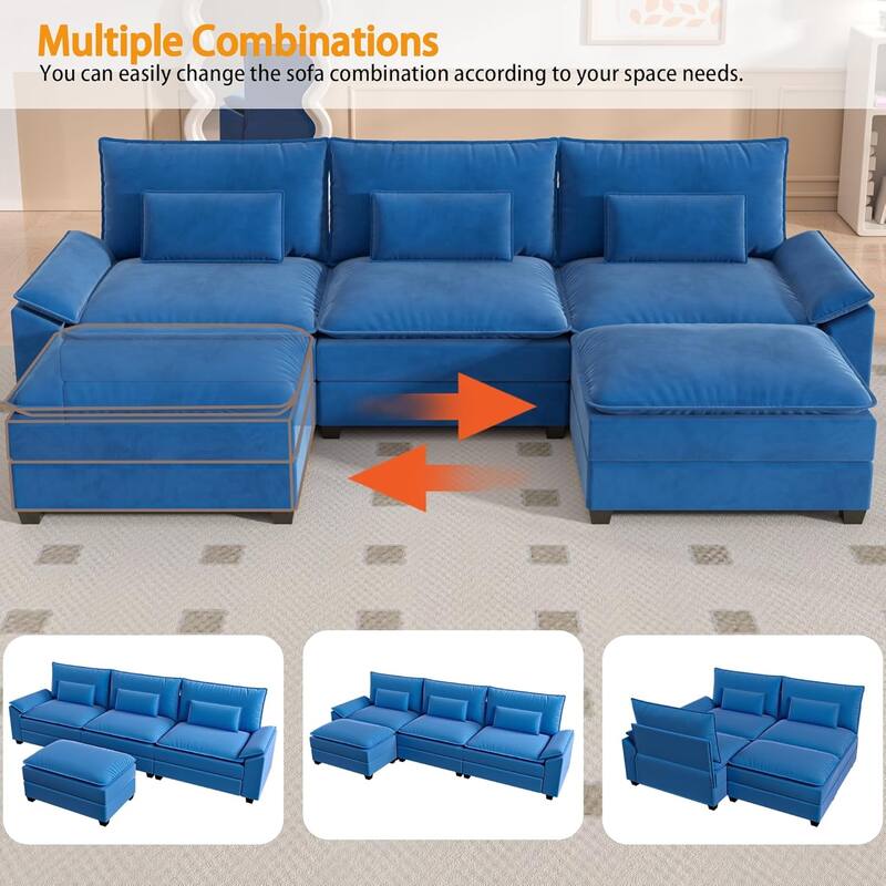 Kullavik Cloud Chenille L-Shaped Sofa, Modular Sectional Sofa with Ottoman, Throw Pillows and Double Layered Cushion