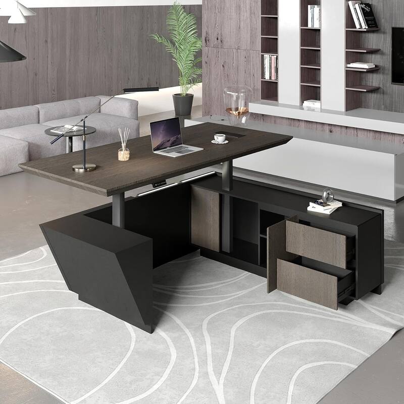 Adjustable Executive CEO Office L Shaped Desk with Drawer File Cabinets and LED Light