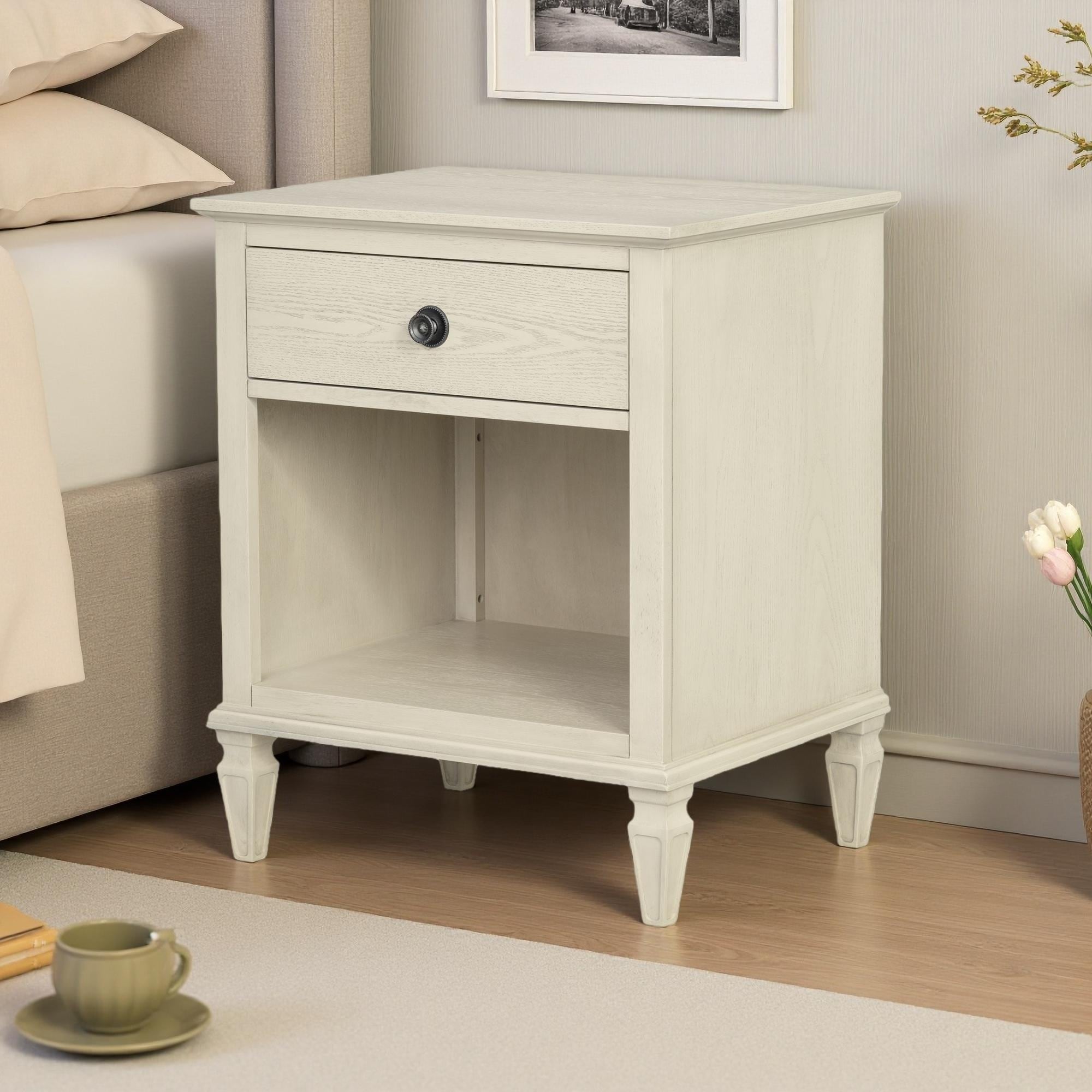 24"L French-Inspired Nightstand with Open Shelf, 1 Drawer, Full Extension Glide, and Oak Finish