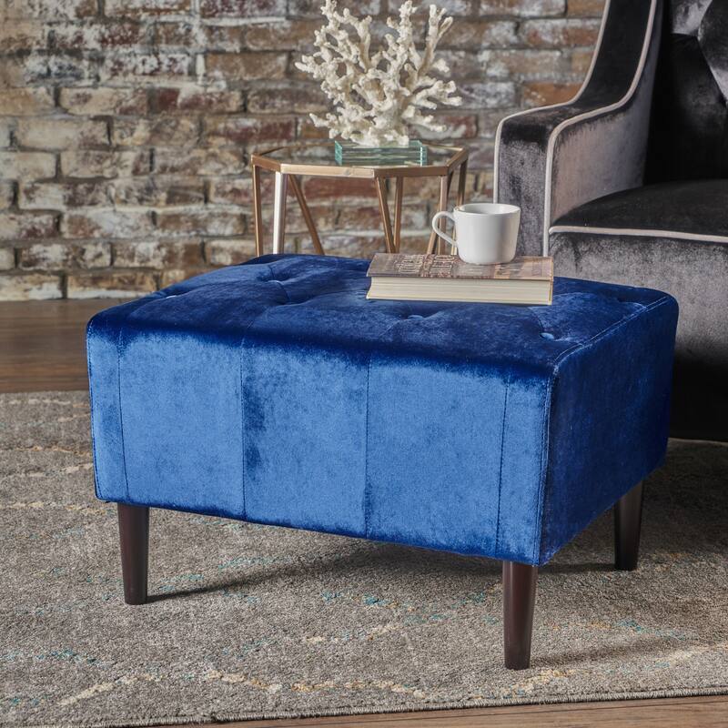 Roomfitters Tufted Velvet Rectangular Ottoman Bench, Upholstered Accent Coffee Table Footrest, Living Room Seating, Navy Blue
