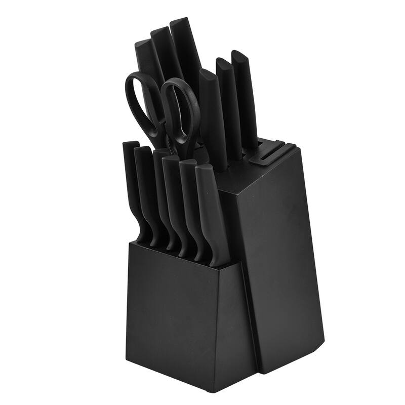 14-Piece Knife Block Set - High Carbon Stainless Steel Kitchen Knives Built-In Sharpener, Black Wood Storage Block