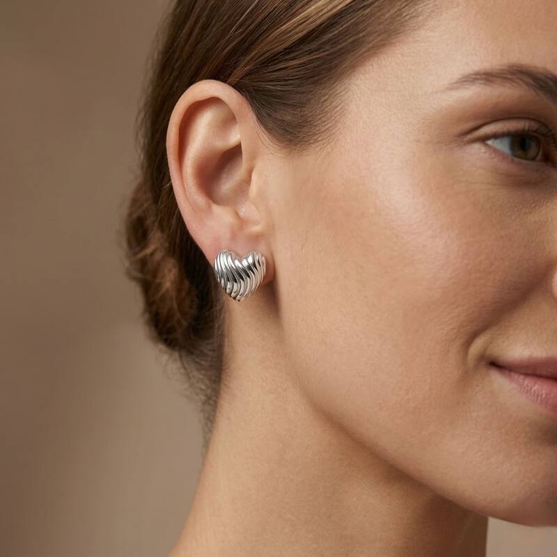 Au Naturale Sterling Silver Rhodium Plated Domed Heart Stud Earrings