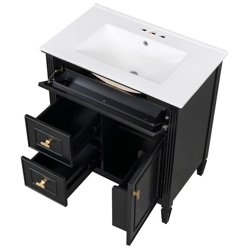 Roomfitters 30" Bathroom Vanity with Ceramic Sink, Solid Wood Frame with Flip Drawer, 2 Side Drawers & Adjustable Shelf