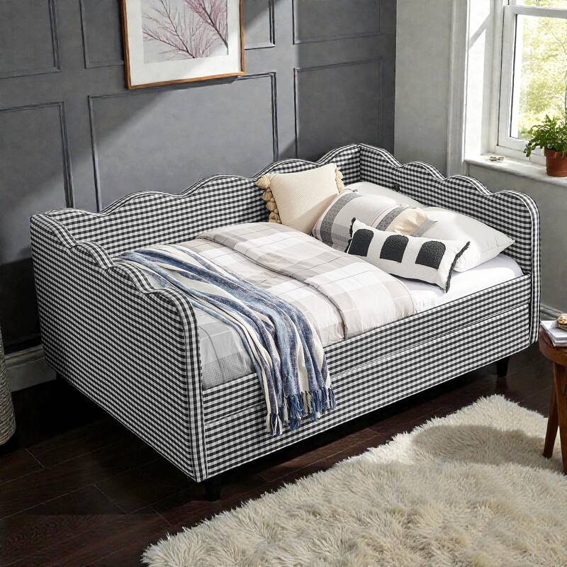 Full Size Gingham Daybed with Twin Trundle, Linen Sofa Bed with USB Port and Wave Shaped Design