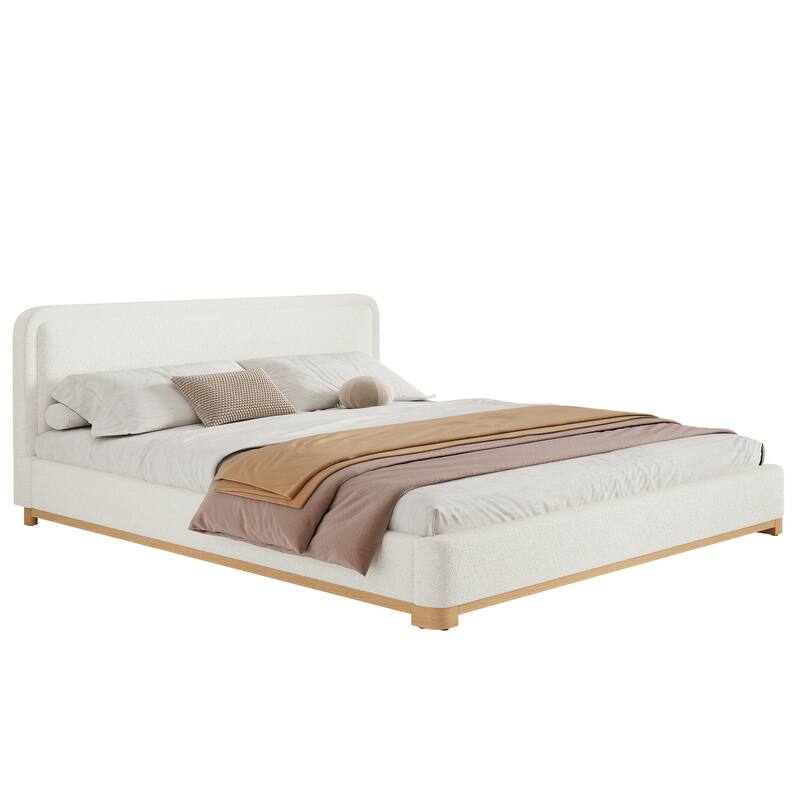 White Platform Bed Wingback Frame with Boucle Upholstered Curved Headboard, Solid Wood Base Low Profile Bed