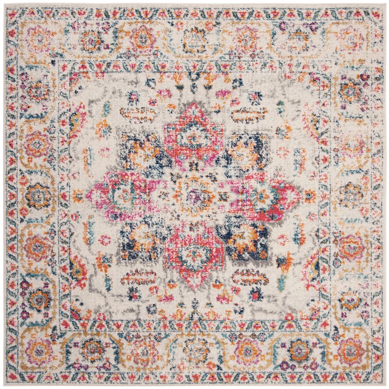 SAFAVIEH Madison Delois Medallion Rustic Farmhouse Distressed Rug - 8' Square - Fuchsia/Ivory