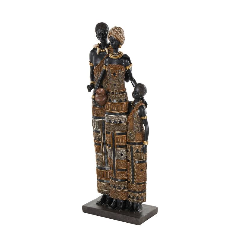 Black Resin Tall African Family Decorative Sculpture with Gold Jewels