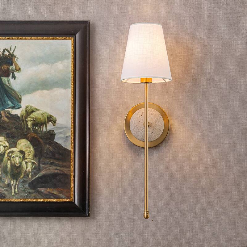 1-Light Gold Wall Sconce with White Fabric Shade - H20" x W5.1" x D7.9"