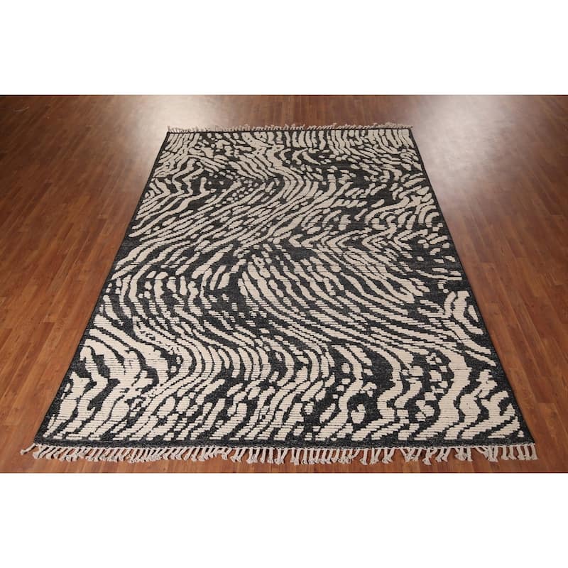 All-Over Black & Ivory Moroccan Abstract Area Rug Handmade Wool Carpet - 8'0"x 10'2"