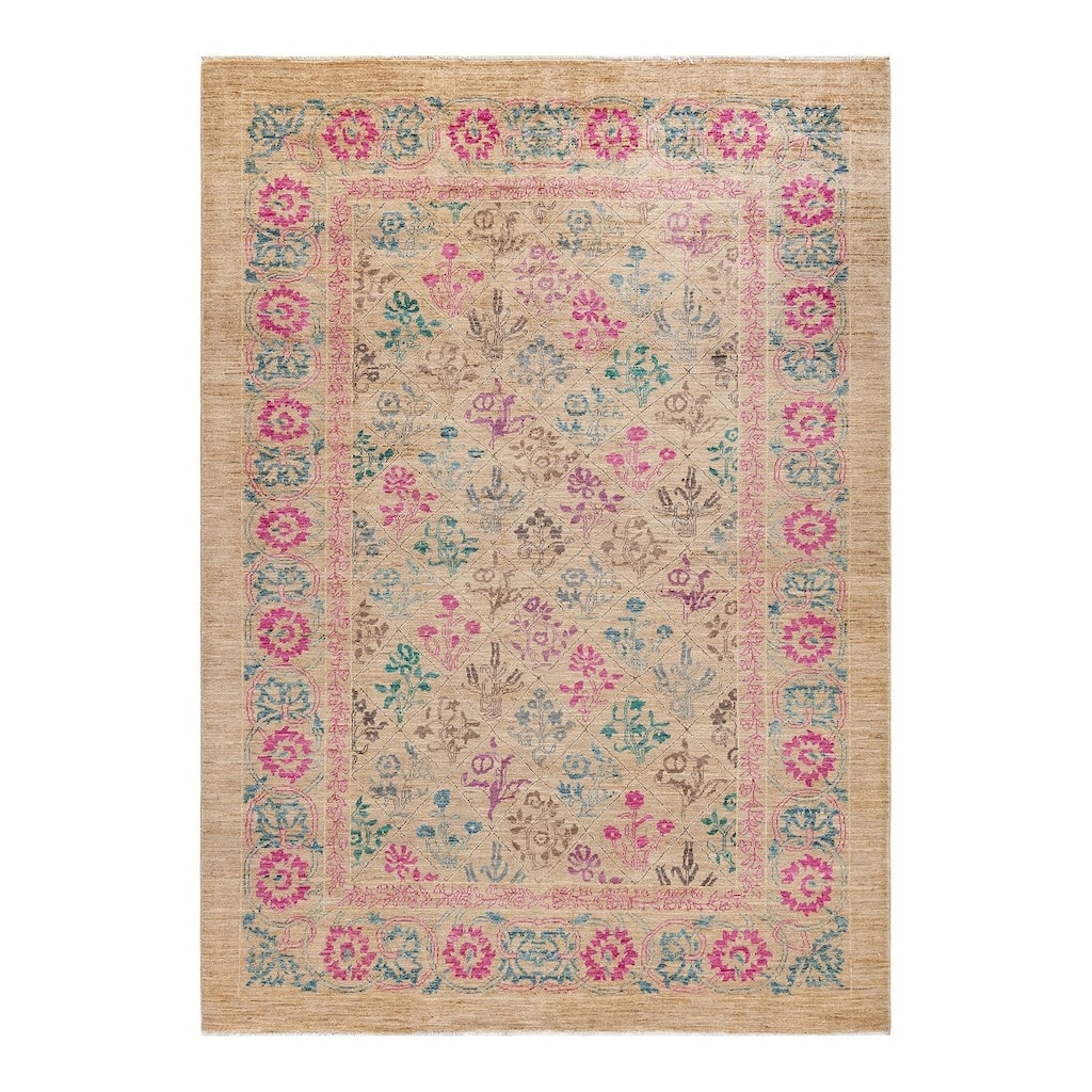 Overton Hand Knotted Wool Vintage Inspired Modern Contemporary Eclectic Beige Area Rug - 6' 5" x 8' 10"