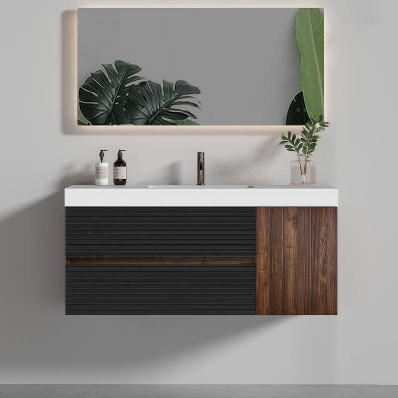 GDFStudio - Grace Floating Bathroom Vanity with Solid Surface Sink and Soft-Close Storage - 48" - Black+Brown