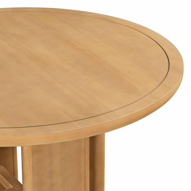 5-Piece Round Dining Table Set for 4, Minimalist Farmhouse Dining Table with 4 Solid Wood Upholstered Chairs