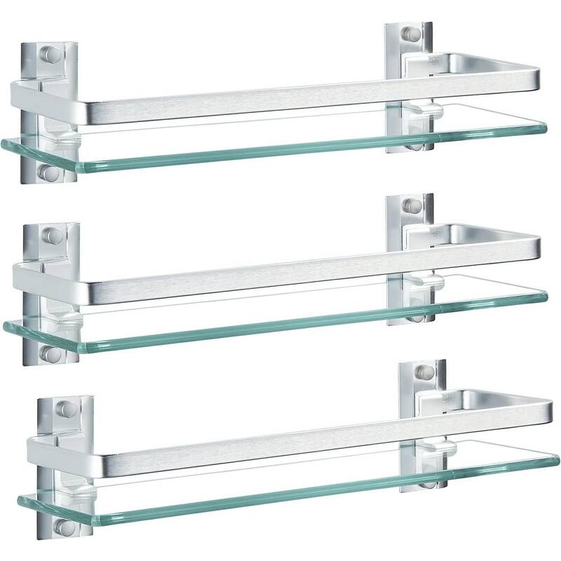 3 Pack Bathroom Glass Shelf,Aluminum Tempered Glass - 4.7"D x 15.7"W x 3.9"H - Silver 3 Pack