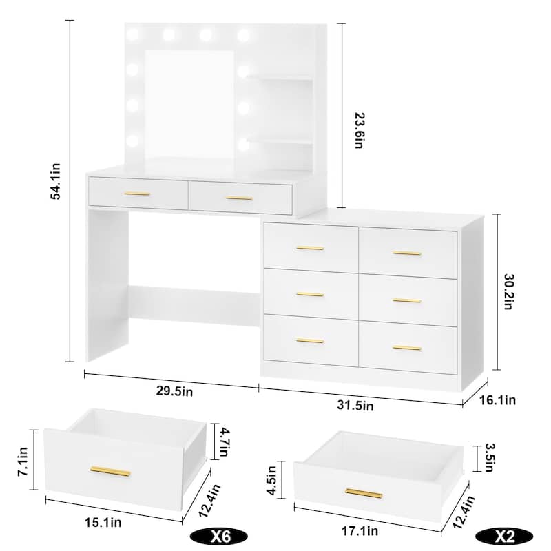 61" Vanity Table with Mirror and Lights, Pink Makeup Desk with 8 Drawers & Shelves, 3 Color Lighting Options