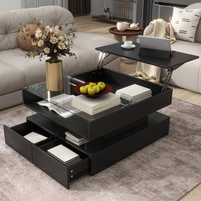 Modern Lift-Top Coffee Table - Square Glass Top with 2 Drawers, Hidden Storage & LED Lighting - Black