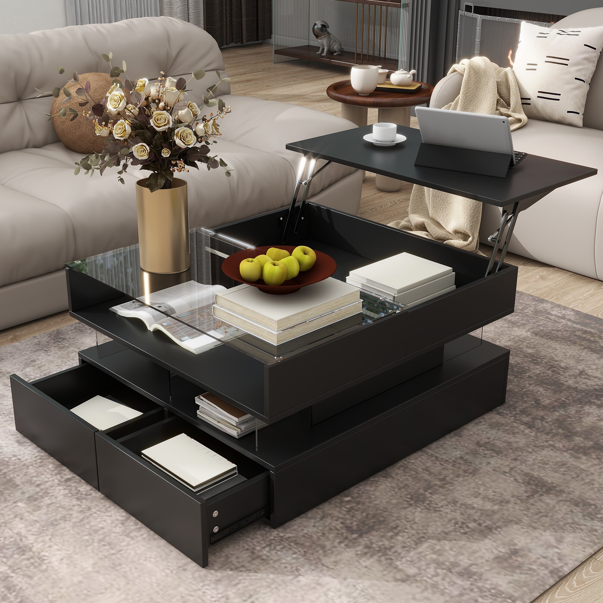 Modern Lift-Top Coffee Table - Square Glass Top with 2 Drawers
