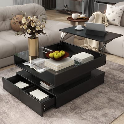 Modern Square Coffee Table with Lift-Top and 2 Drawers