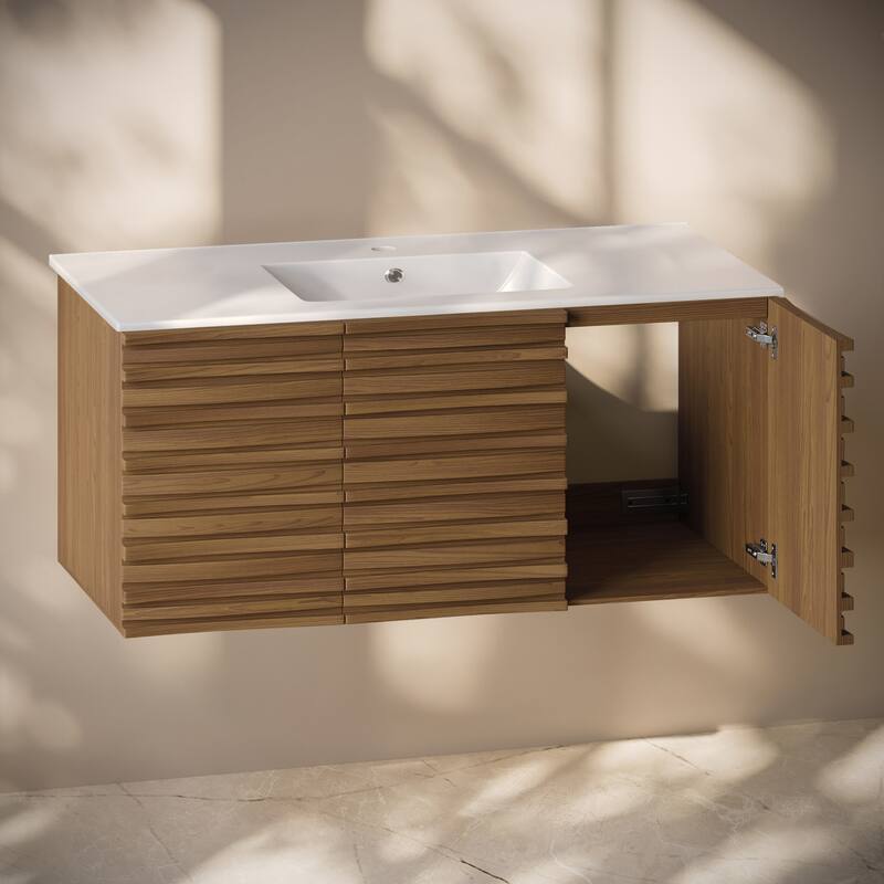 Cascade 48" Wall-Mounted Bathroom Vanity In Brown Oak With Sink Top - 48