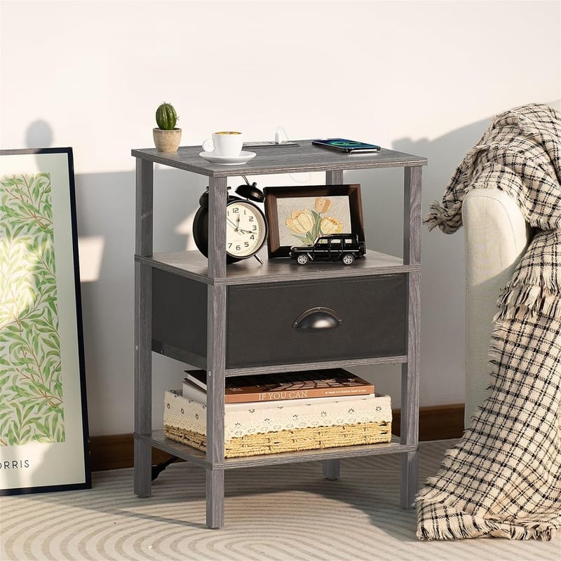 Nightstand with Charging Station - Grey