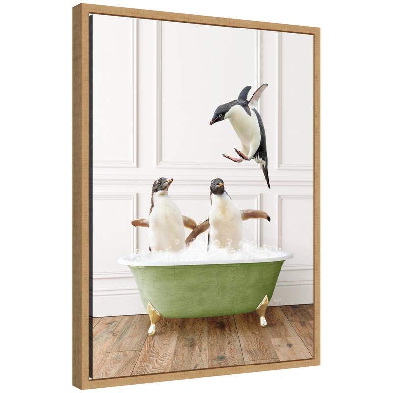 Kate and Laurel Sylvie Penguins in Transitional Bathtub Framed Canvas by Amy Peterson - Natural