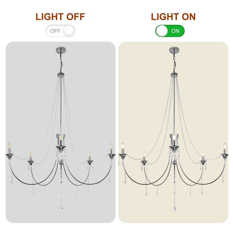 CurveCurio Elegant 42" Chrome Chandelier with Crystal Beads and Five Lights for Sophisticated Dining Rooms and Kitchens